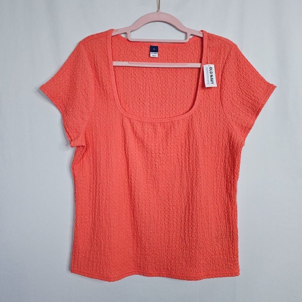 NWT Women's OLD NAVY Textured Top size XL MELON PINK ORANGE Square Neck Summer - Picture 2 of 6